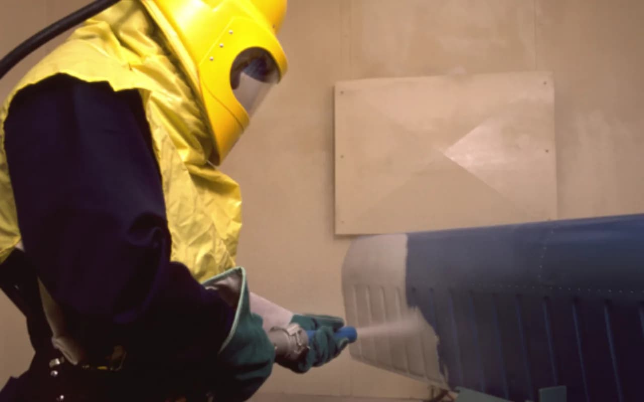 Opérateur A2Z Synergy Industries réalisant un sablage industriel en cabine, équipé d'une cagoule de protection.